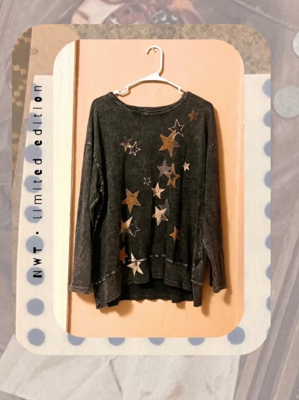🆕 🎉 black mineral wash tunic with gold foil metallic stars